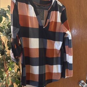 Women's Plaid Top - Black, White, and Brown 🎃